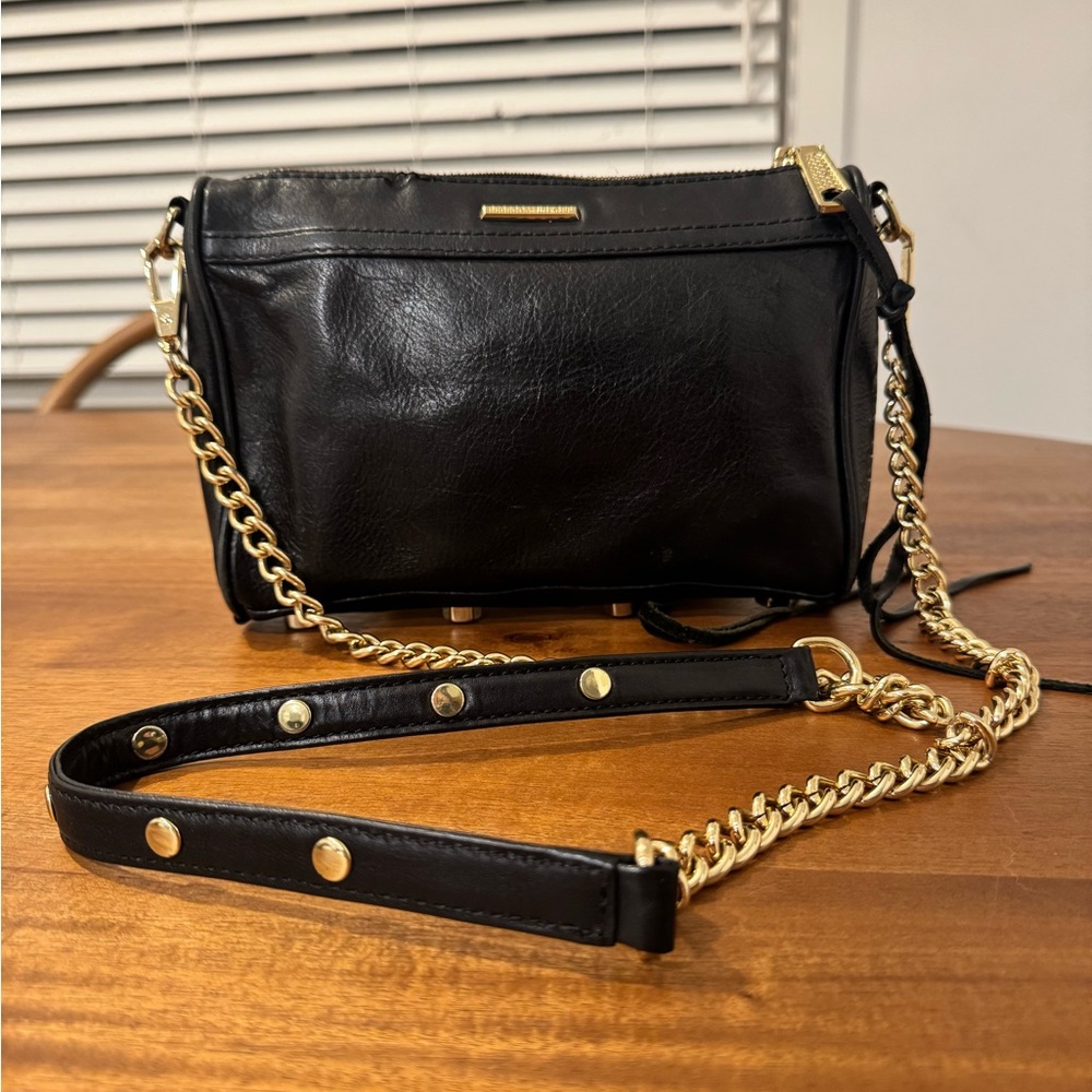 Rebecca Minkoff Mini M.A.C. Black Leather Crossbody with Gold Chain